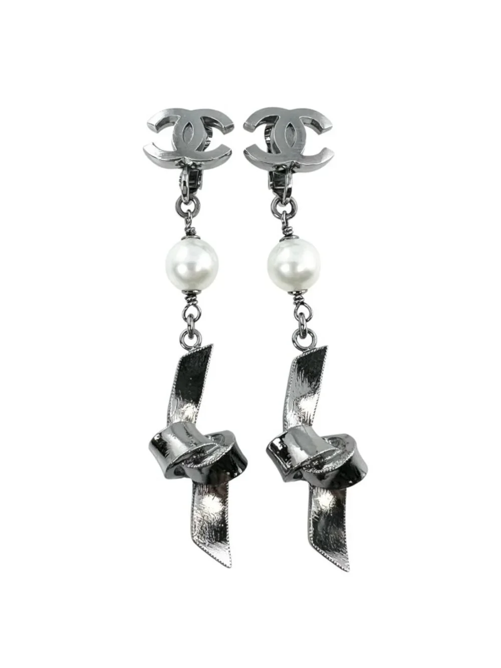 Chanel CC Logo Ribbon Motif Metal Faux Pearl Silver Earrings